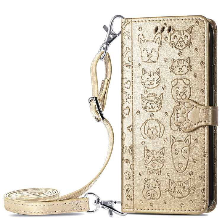 For Samsung Galaxy A52 5G/4G Cute Cat and Dog Embossed Horizontal Flip Leather Case with Holder & Card Slots & Wallet & Crossbody Lanyard & Card Cover(Gold) - Galaxy Phone Cases by PMC TechLife | Online Shopping South Africa | PMC TechLife