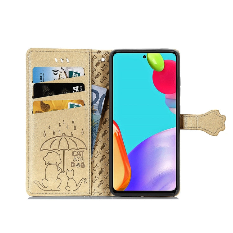 For Samsung Galaxy A52 5G/4G Cute Cat and Dog Embossed Horizontal Flip Leather Case with Holder & Card Slots & Wallet & Crossbody Lanyard & Card Cover(Gold) - Galaxy Phone Cases by PMC TechLife | Online Shopping South Africa | PMC TechLife
