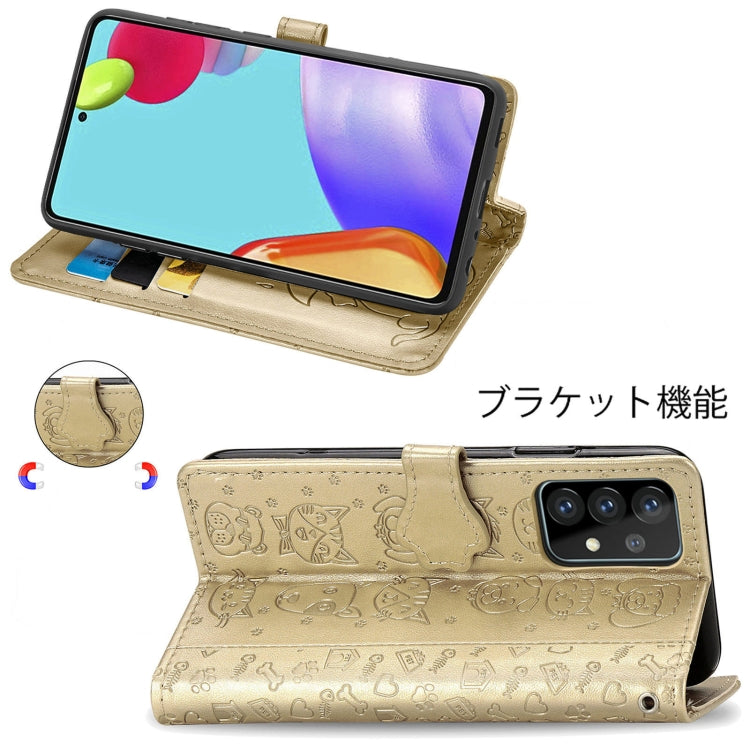 For Samsung Galaxy A52 5G/4G Cute Cat and Dog Embossed Horizontal Flip Leather Case with Holder & Card Slots & Wallet & Crossbody Lanyard & Card Cover(Gold) - Galaxy Phone Cases by PMC TechLife | Online Shopping South Africa | PMC TechLife