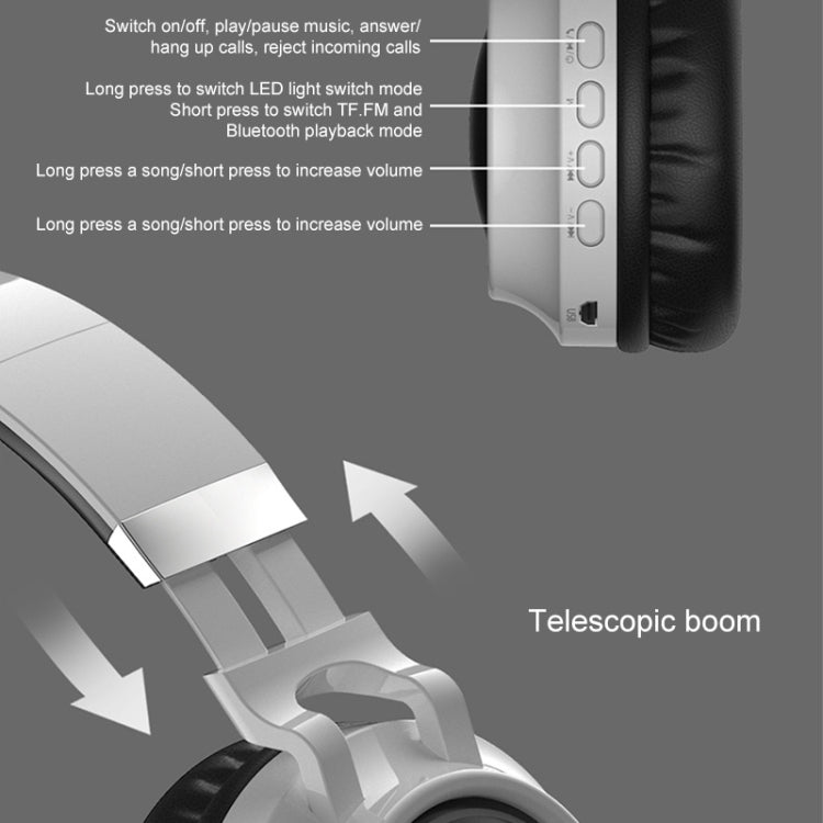 BD01 Colorful LED Bluetooth 5.0 Headphones Foldable Wireless HiFi Stereo Headset with Mic, Support TF Card / 3.5mm AUX(Black)