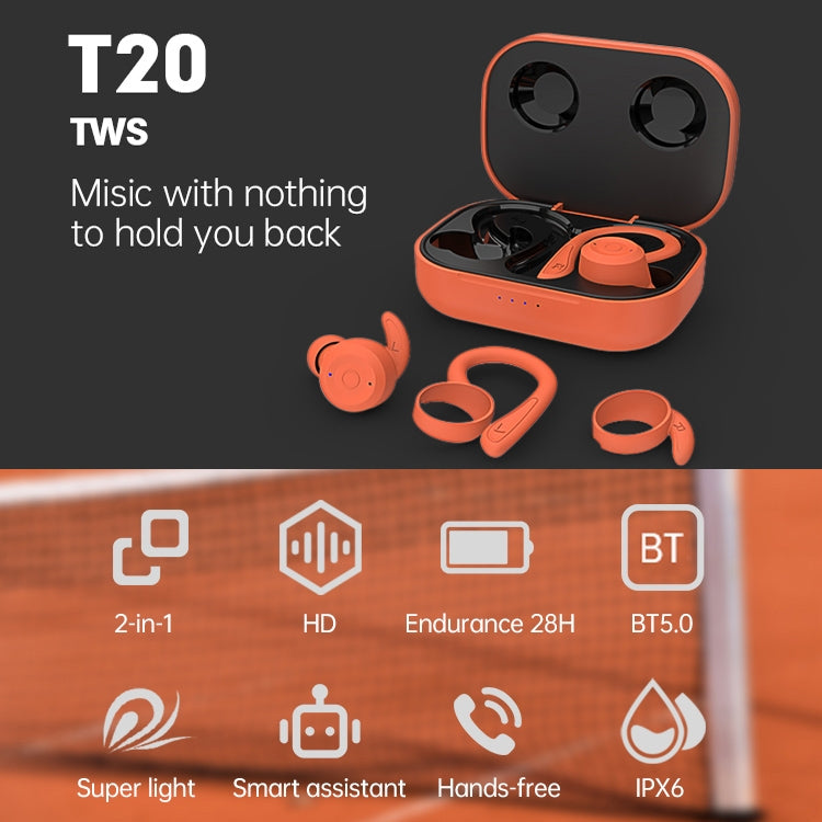 T20 TWS Bluetooth Hooks Wireless Sports Headphones with Charging Box IPX6 Waterproof Noise-cancelling Earphones(Blue) - Bluetooth Earphone by PMC TechLife | Online Shopping South Africa | PMC TechLife