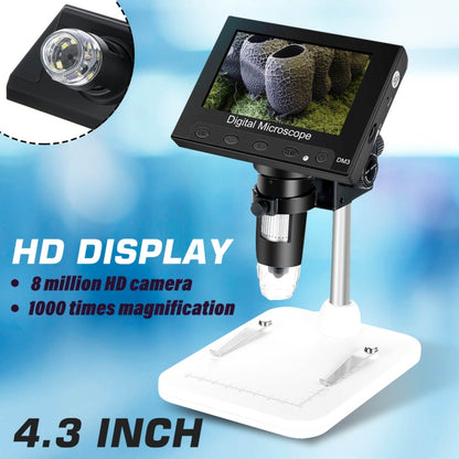 DM4 4.3 Inch LCD Digital Microscope Endoscope with Recording and Stand, HD, 720P, 1000X Zoom - free shipping - PMC Jewellery - Order now!