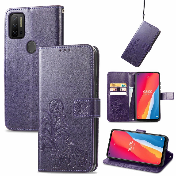 For Ulefone Note 11 Plus Four-leaf Clasp Embossed Buckle Mobile Phone Protection Leather Case with Lanyard & Card Slot & Wallet & Bracket Function(Purple) - free shipping - PMC TechLife - Order now!