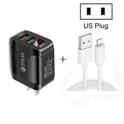 F002C QC3.0 USB + USB 2.0 LED Digital Display Fast Charger with USB to 8 Pin Data Cable, US Plug(Black)