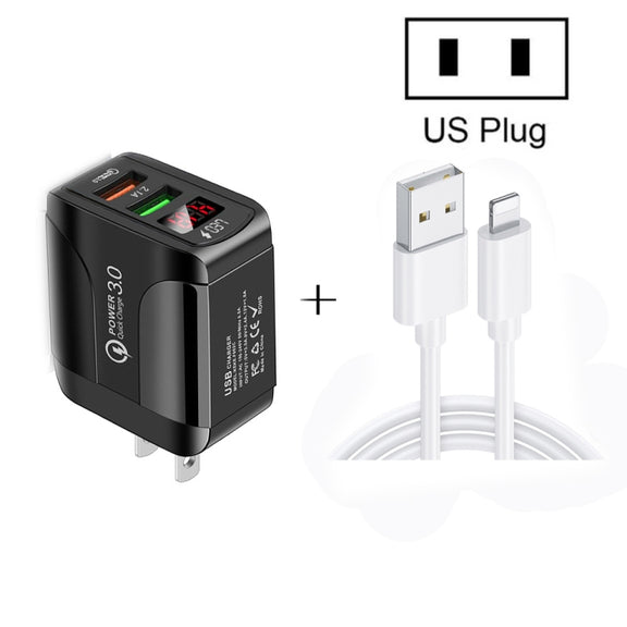 F002C QC3.0 USB + USB 2.0 LED Digital Display Fast Charger with USB to 8 Pin Data Cable, US Plug(Black)