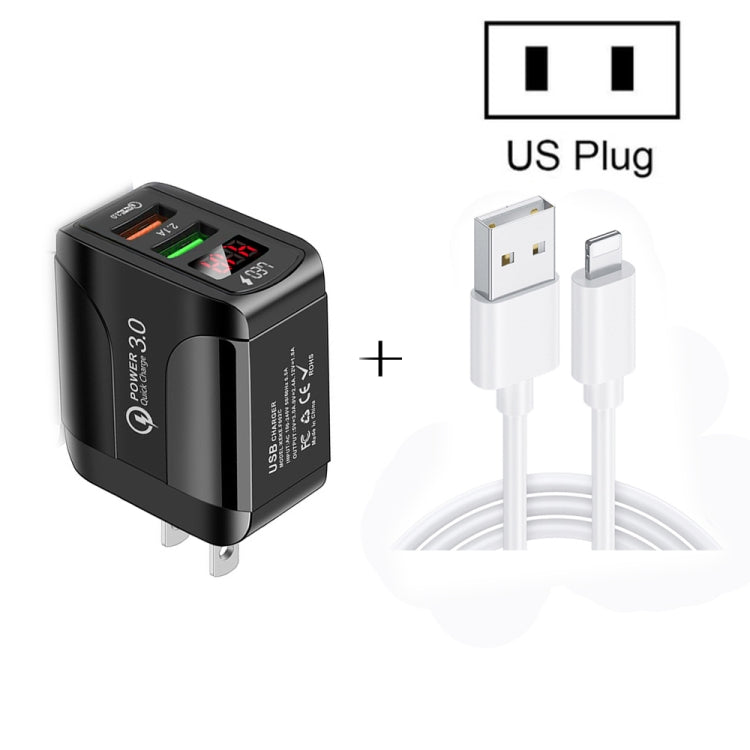 F002C QC3.0 USB + USB 2.0 LED Digital Display Fast Charger with USB to 8 Pin Data Cable, US Plug(Black)