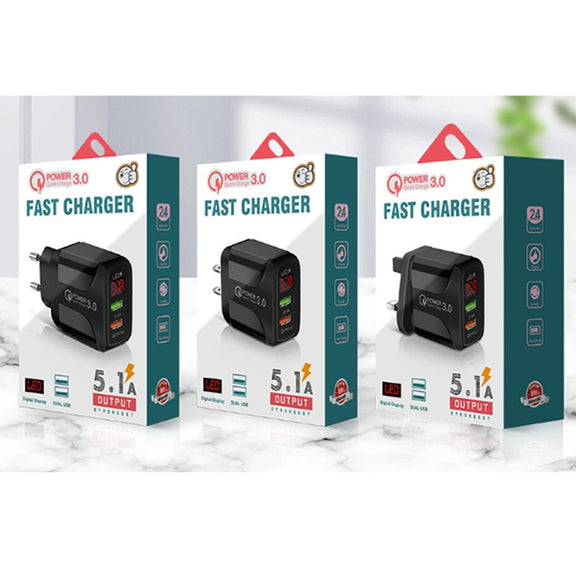 F002C QC3.0 USB + USB 2.0 LED Digital Display Fast Charger with USB to 8 Pin Data Cable, US Plug(Black)