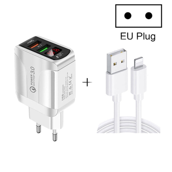 F002C QC3.0 USB + USB 2.0 LED Digital Display Fast Charger with USB to 8 Pin Data Cable, EU Plug(White)