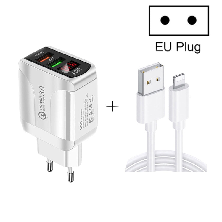 F002C QC3.0 USB + USB 2.0 LED Digital Display Fast Charger with USB to 8 Pin Data Cable, EU Plug(White)