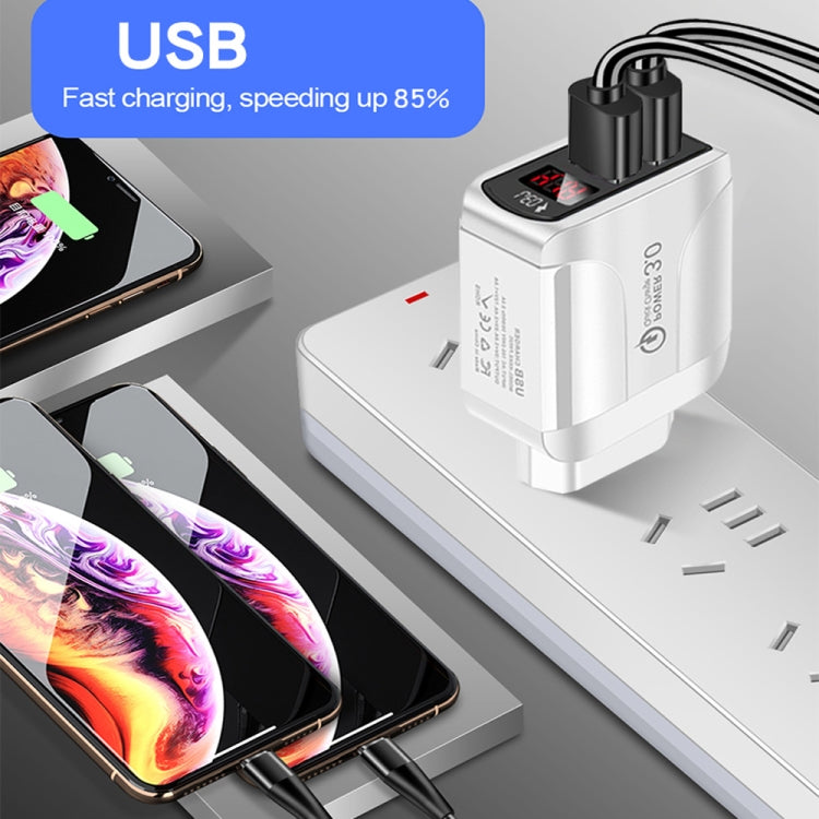 F002C QC3.0 USB + USB 2.0 LED Digital Display Fast Charger with USB to 8 Pin Data Cable, EU Plug(White)