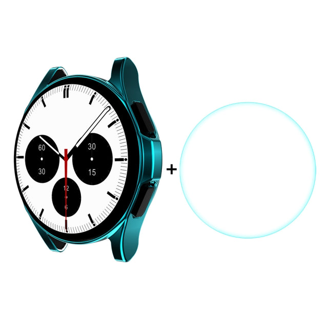For Samsung Galaxy Watch4 Classic 42mm ENKAY Hat-Prince Full Coverage Electroplate Soft Case TPU HD Clear Cover + Tempered Glass Protector(Cyan) - Watch Cases by ENKAY