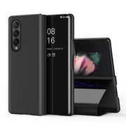 For Samsung Galaxy Z Fold3 Plated Mirror Horizontal Flip Leather Case with Holder(Black)