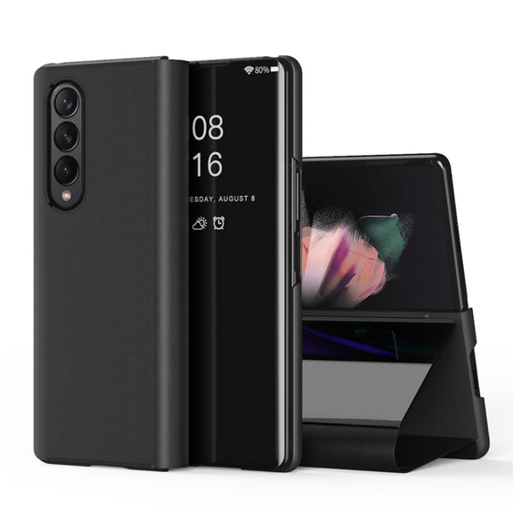 For Samsung Galaxy Z Fold3 Plated Mirror Horizontal Flip Leather Case with Holder(Black)