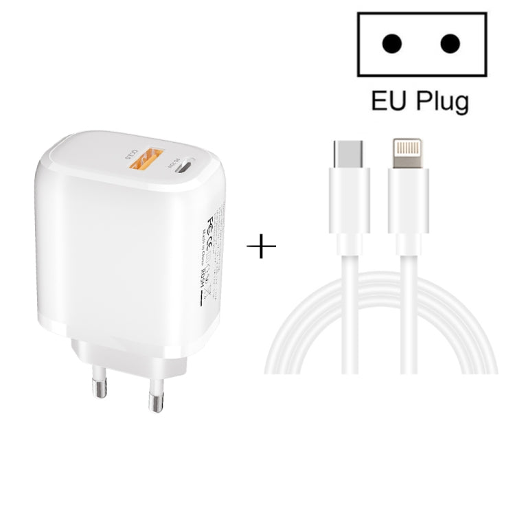 CS-20W Mini Portable PD3.0 + QC3.0 Dual Ports Fast Charger with 3A Type-C to 8 Pin Data Cable(EU Plug)