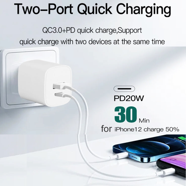 CS-20W Mini Portable PD3.0 + QC3.0 Dual Ports Fast Charger with 3A Type-C to 8 Pin Data Cable(US Plug)