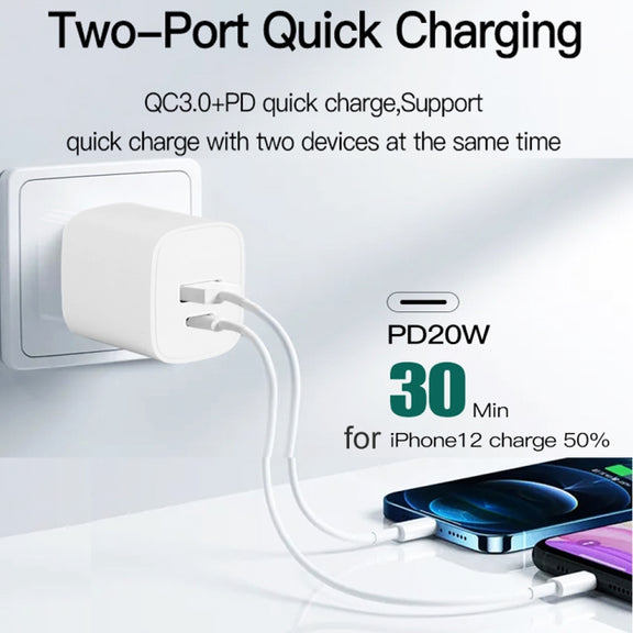 CS-20W Mini Portable PD3.0 + QC3.0 Dual Ports Fast Charger with 3A Type-C to 8 Pin Data Cable(US Plug)