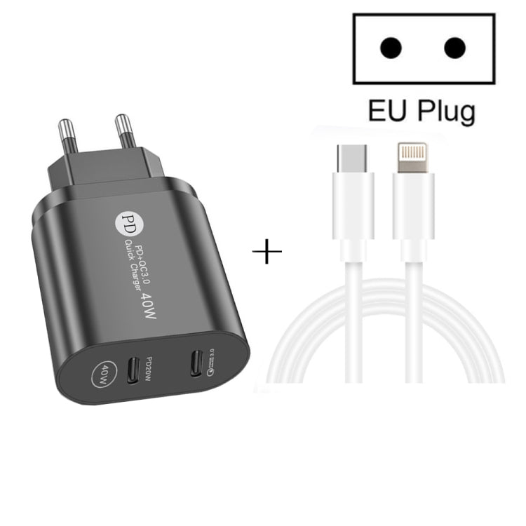 002 40W Dual Port PD / Type-C Fast Charger with USB-C to 8 Pin Data Cable, EU Plug(White)