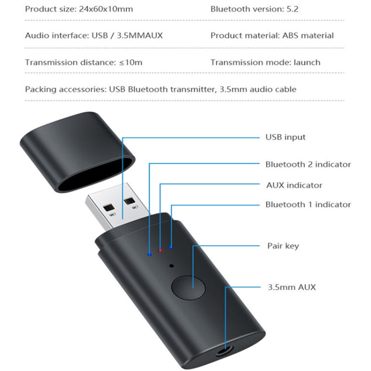 TX35 Bluetooth 5.2 Transmitter One Drag Two USB / AUX Dual Output - Audio Receiver Transmitter by PMC TechLife | Online Shopping South Africa | PMC TechLife