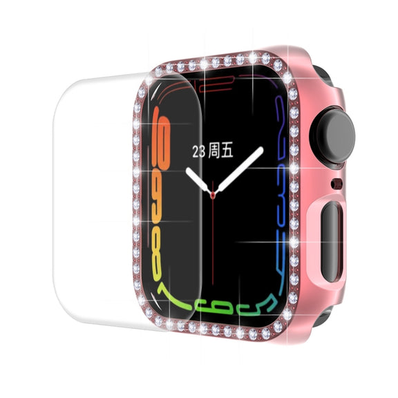 ENKAY Hat-Prince Electroplate PC Diamond Watch Case + Full Coverage Curved PET Screen Protector Film For Apple Watch Series 8 / 7 41mm(Pink) - Watch Cases by ENKAY