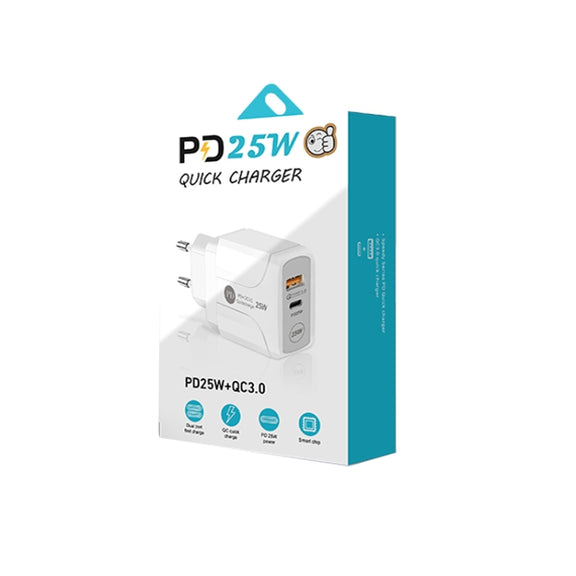 PD25W USB-C / Type-C + QC3.0 USB Dual Ports Fast Charger, EU Plug(White)