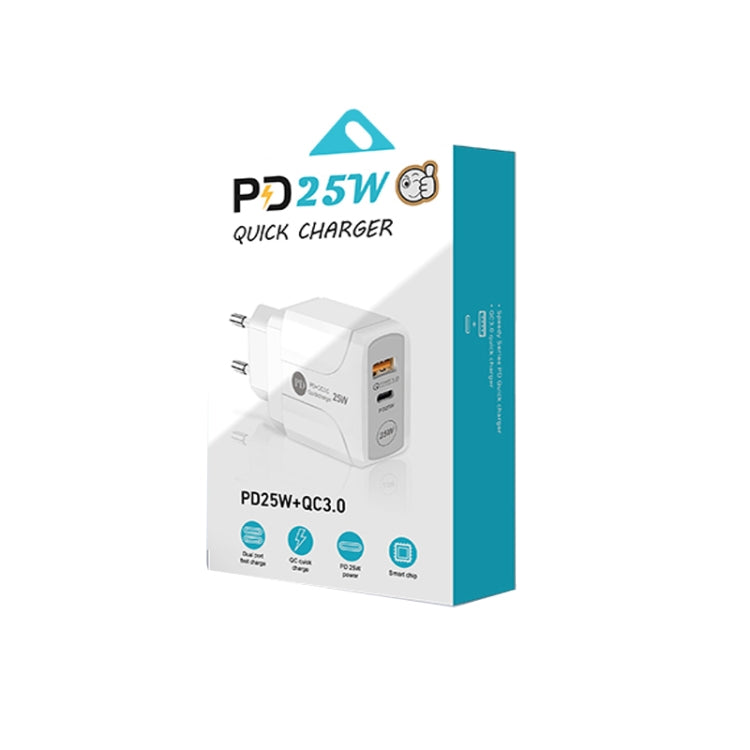 PD25W USB-C / Type-C + QC3.0 USB Dual Ports Fast Charger, EU Plug(White)