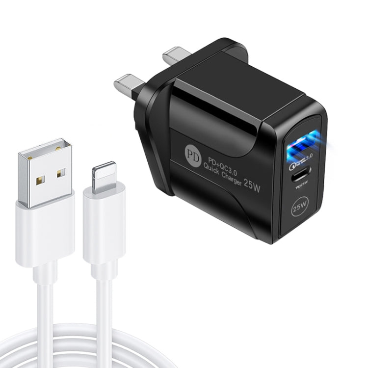 PD25W USB-C / Type-C + QC3.0 USB Dual Ports Fast Charger with USB to 8 Pin Data Cable, UK Plug(Black) - free shipping - PMC TechLife - Order now!