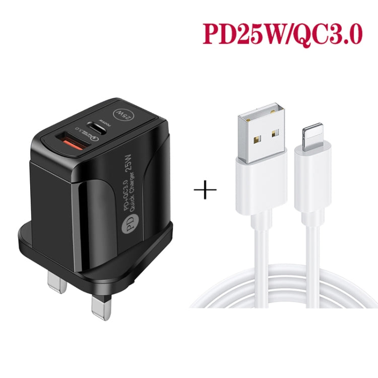 PD25W USB-C / Type-C + QC3.0 USB Dual Ports Fast Charger with USB to 8 Pin Data Cable, UK Plug(White) - USB Charger by PMC TechLife | Online Shopping South Africa | PMC TechLife | Buy Now Pay Later Mobicred