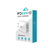PD25W USB-C / Type-C + QC3.0 USB Dual Ports Fast Charger with USB-C to 8 Pin Data Cable, US Plug(Black)