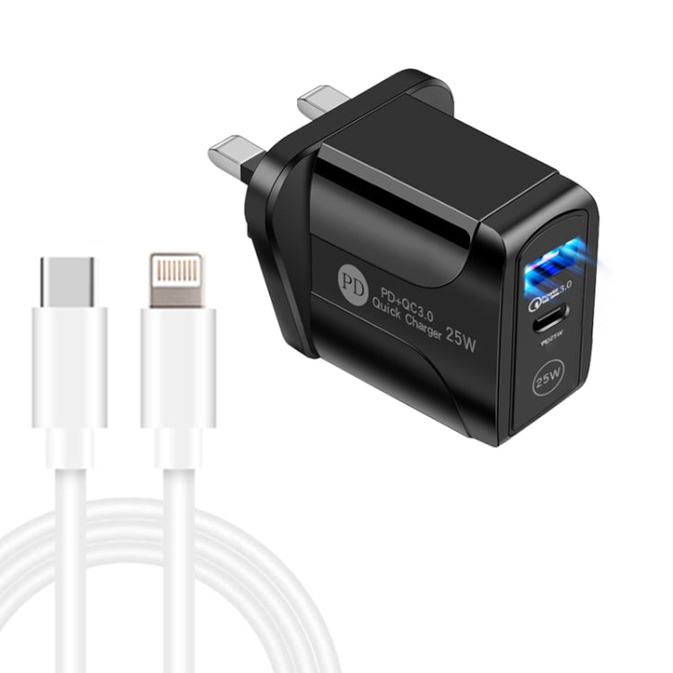 PD25W USB-C / Type-C + QC3.0 USB Dual Ports Fast Charger with USB-C to 8 Pin Data Cable, UK Plug(Black) - USB Charger by PMC TechLife | Online Shopping South Africa | PMC TechLife | Buy Now Pay Later Mobicred