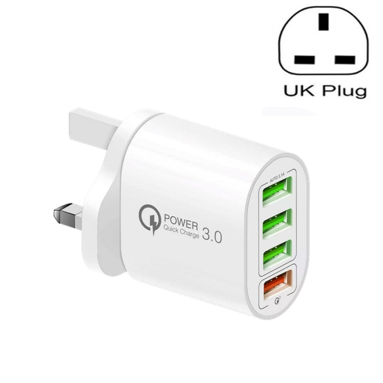 QC-04 QC3.0 + 3 x USB 2.0 Multi-ports Charger for Mobile Phone Tablet, UK Plug(White) - free shipping - PMC TechLife - Order now!