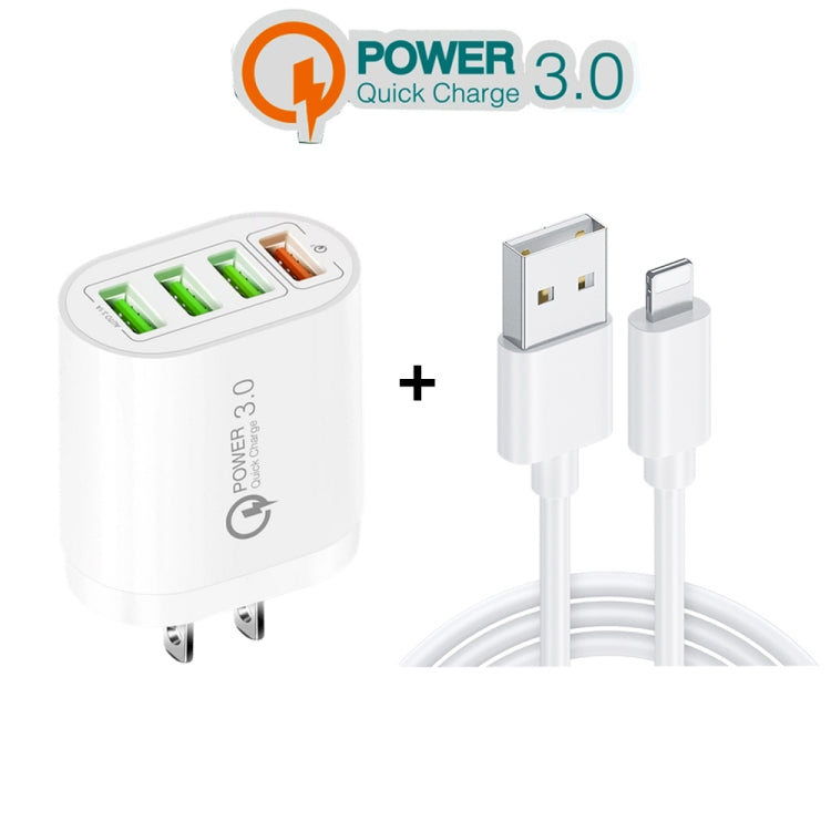 QC-04 QC3.0 + 3 x USB2.0 Multi-ports Charger with 3A USB to 8 Pin Data Cable,US Plug(Black) - USB Charger by PMC TechLife | Online Shopping South Africa | PMC TechLife