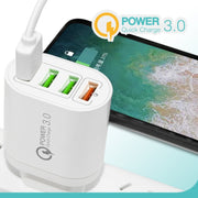 QC-04 QC3.0 + 3 x USB2.0 Multi-ports Charger with 3A USB to 8 Pin Data Cable,US Plug(White)