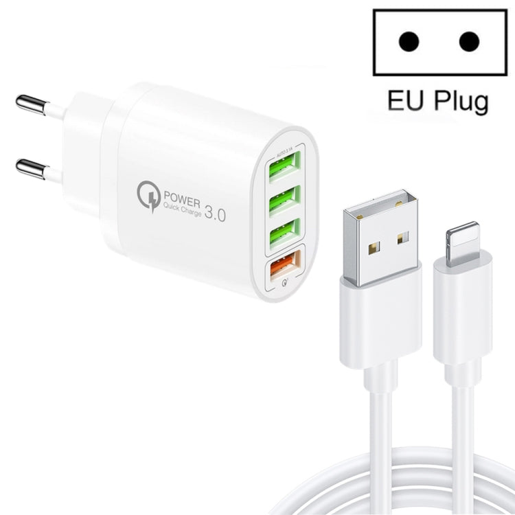 QC-04 QC3.0 + 3 x USB2.0 Multi-ports Charger with 3A USB to 8 Pin Data Cable, EU Plug(White) - USB Charger by PMC TechLife | Online Shopping South Africa | PMC TechLife