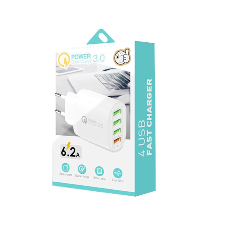 QC-04 QC3.0 + 3 x USB2.0 Multi-ports Charger with 3A USB to 8 Pin Data Cable, EU Plug(White) - USB Charger by PMC TechLife | Online Shopping South Africa | PMC TechLife