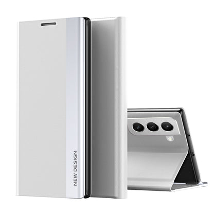For Samsung Galaxy S22 5G Side Electroplated Magnetic Ultra-Thin Horizontal Flip Leather Case with Holder(Silver) - free shipping - PMC Jewellery - Order now!