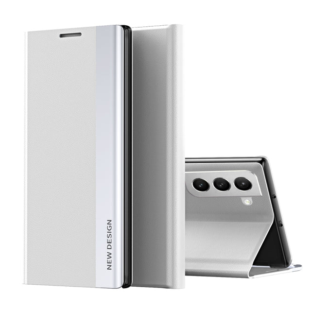 For Samsung Galaxy S22 5G Side Electroplated Magnetic Ultra-Thin Horizontal Flip Leather Case with Holder(Silver)