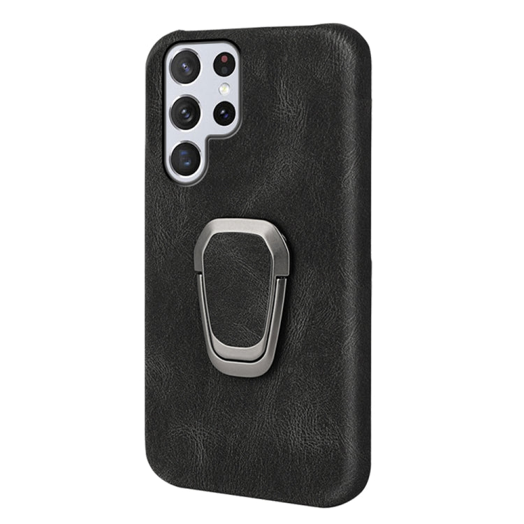 Ring Holder PU Phone Case For Samsung Galaxy S22 Ultra 5G(Black)