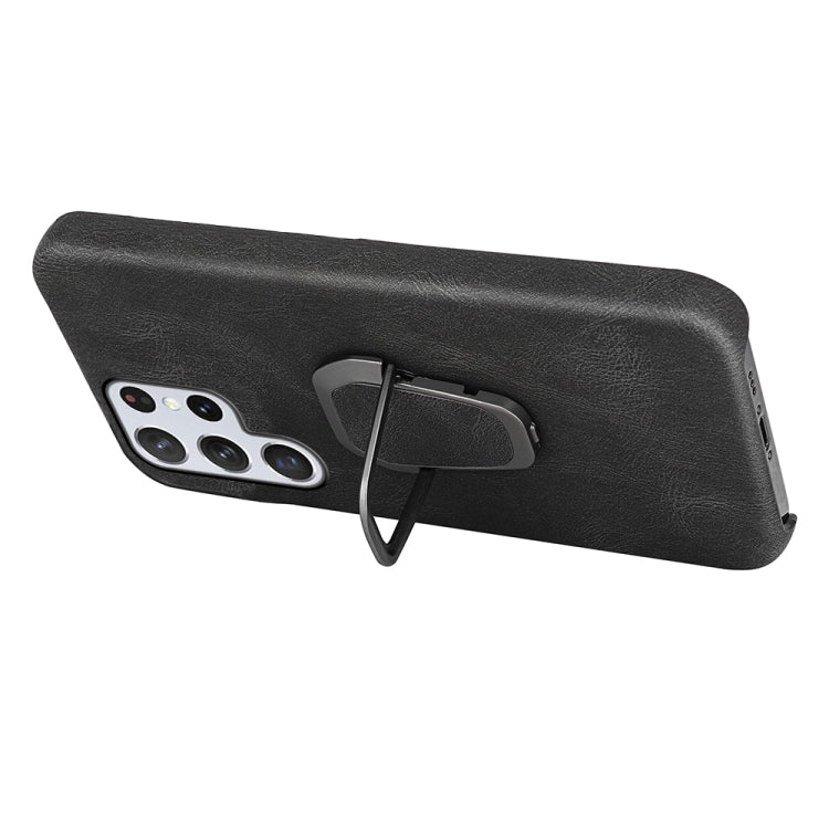 Ring Holder PU Phone Case For Samsung Galaxy S22 Ultra 5G(Black)