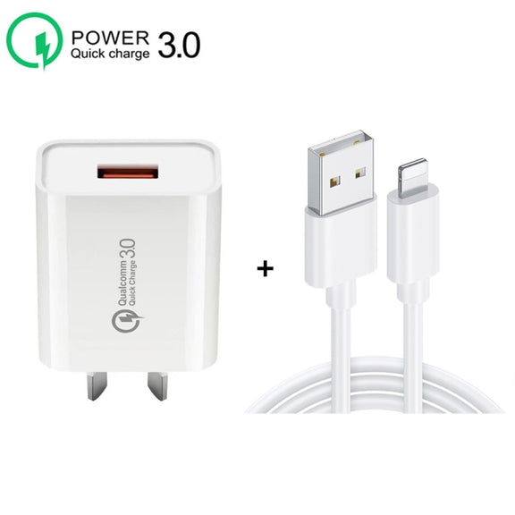 CA-25 QC3.0 USB 3A Fast Charger with USB to 8 Pin Data Cable, AU Plug(White)