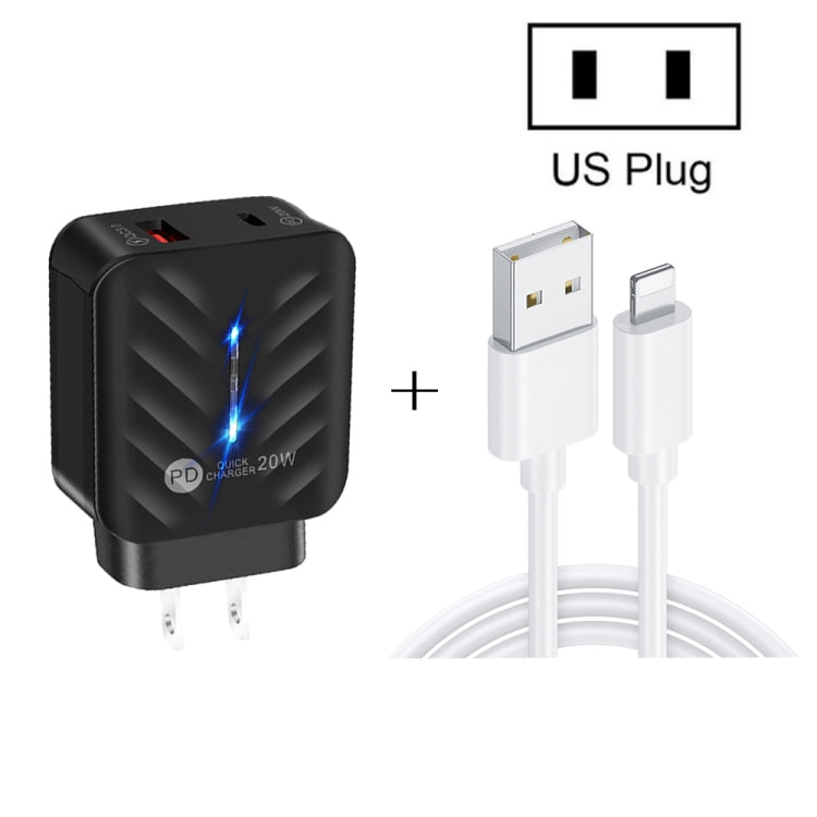 PD03 20W PD3.0 + QC3.0 USB Charger with USB to 8 Pin Data Cable, US Plug(Black) - USB Charger by PMC TechLife | Online Shopping South Africa | PMC TechLife | Buy Now Pay Later Mobicred