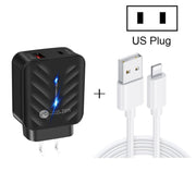 PD03 20W PD3.0 + QC3.0 USB Charger with USB to 8 Pin Data Cable, US Plug(Black)