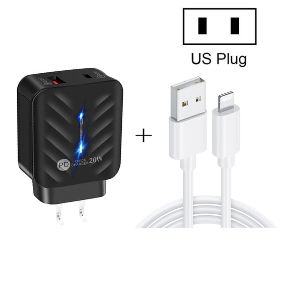 PD03 20W PD3.0 + QC3.0 USB Charger with USB to 8 Pin Data Cable, US Plug(Black)
