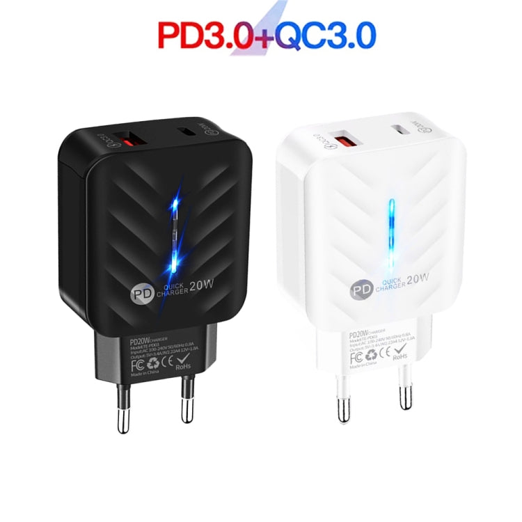 PD03 20W PD3.0 + QC3.0 USB Charger with USB to 8 Pin Data Cable, EU Plug(White) - USB Charger by PMC TechLife | Online Shopping South Africa | PMC TechLife | Buy Now Pay Later Mobicred