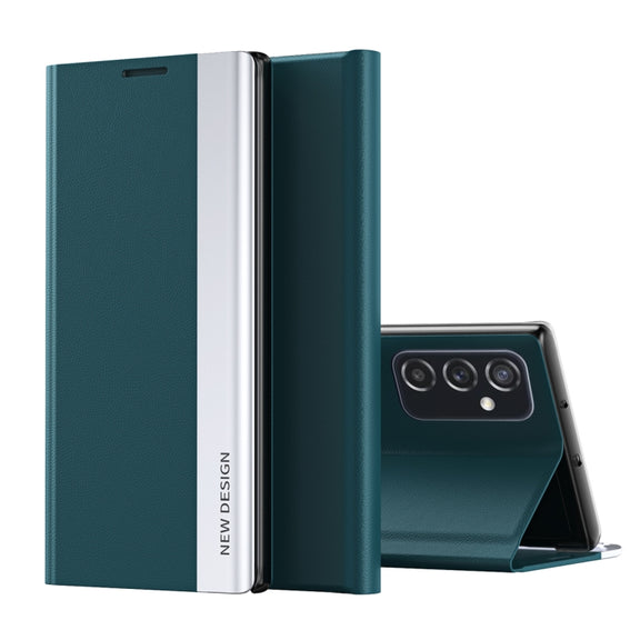 For Samsung Galaxy A73 5G Side Electroplated Magnetic Flip Leather Case with Holder(Green)