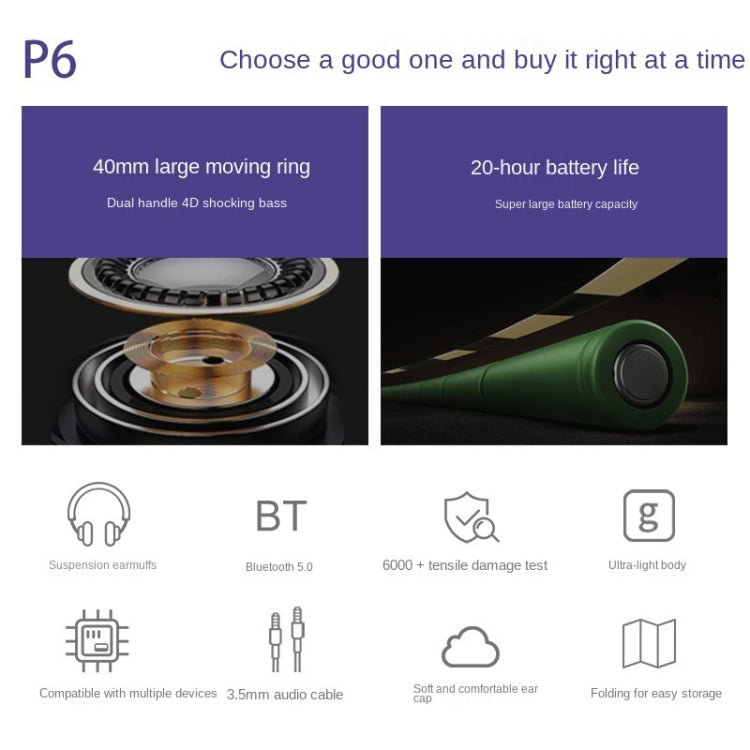 P6 Bluetooth 5.1 Wireless Stereo Headset with Microphone(Black) - Headset & Headphone by PMC TechLife | Online Shopping South Africa | PMC TechLife