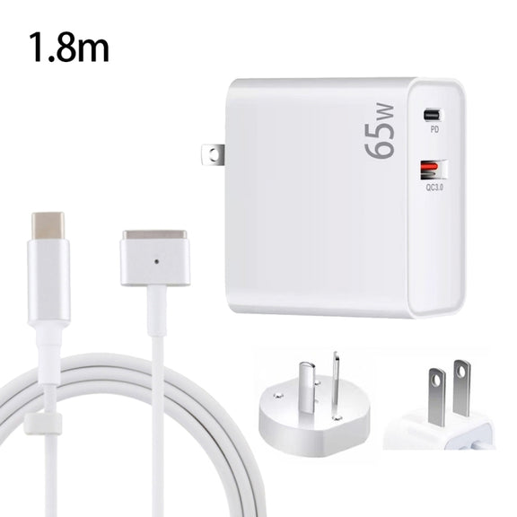 PD-65W USB-C / Type-C + QC3. 0 USB Laptop Charging Adapter + 1.8m USB-C / Type-C to MagSafe 2 / T Head Data Cable, AU Plug / US Plug(White)