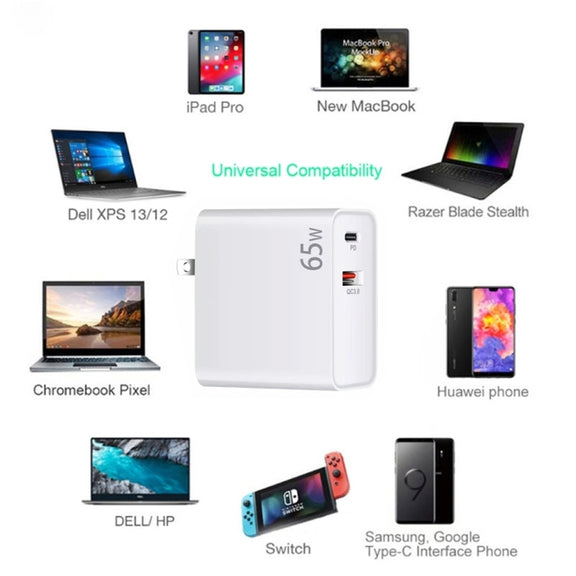 PD-65W USB-C / Type-C + QC3. 0 USB Laptop Charging Adapter + 1.8m USB-C / Type-C to MagSafe 2 / T Head Data Cable, AU Plug / US Plug(White)