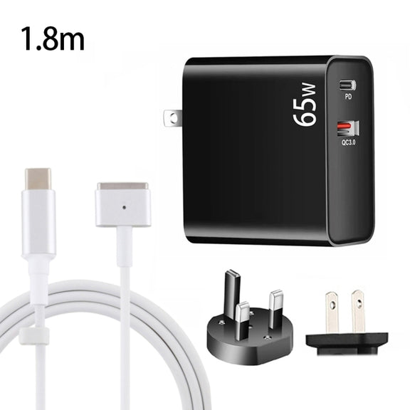 PD-65W USB-C / Type-C + QC3. 0 USB Laptop Charging Adapter + 1.8m USB-C / Type-C to MagSafe 2 / T Head Data Cable, UK Plug / US Plug(Black)