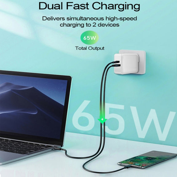 PD-65W USB-C / Type-C + QC3. 0 USB Laptop Charging Adapter + 1.8m USB-C / Type-C to MagSafe 2 / T Head Data Cable, UK Plug / US Plug(White)