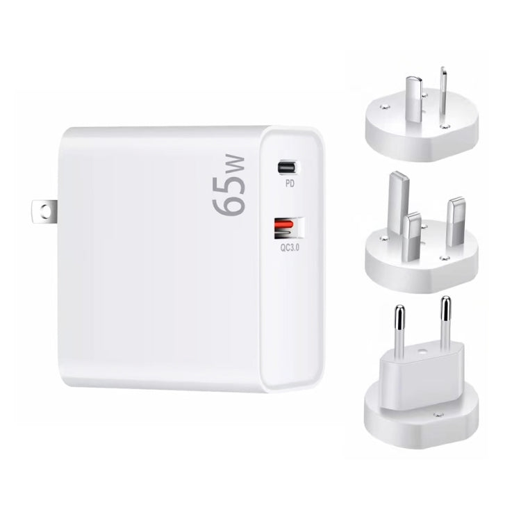PD-65W USB-C / Type-C + QC3. 0 USB Laptop Charging Adapter + 1.8m USB-C / Type-C to MagSafe 2 / T Head Data Cable,  EU Plug / AU Plug / UK Plug / US Plug(White)